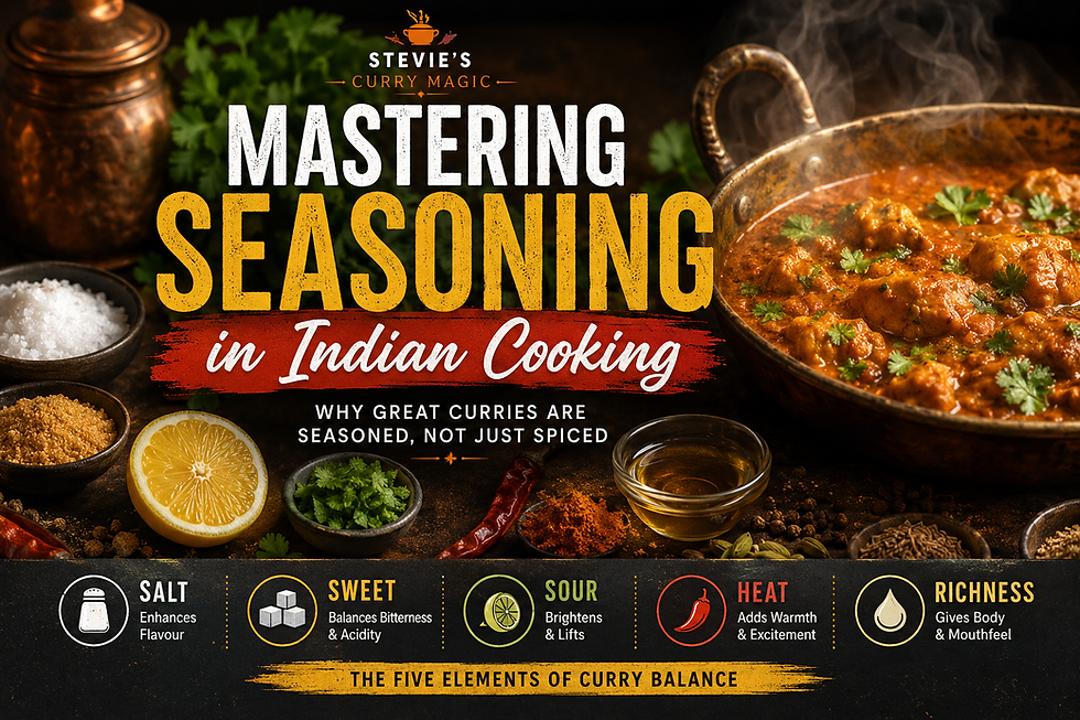 Poster of steaming curry with spices and herbs, titled Mastering Seasoning in Indian Cooking, showing five curry balance elements.