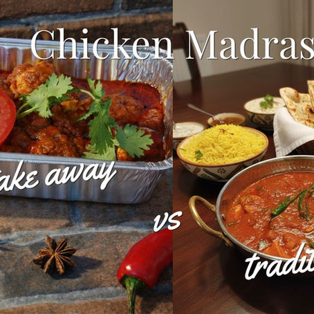 Chicken Madras comparison: takeout in foil tray with tomato, cilantro vs. traditional in bowl with naan, rice. Text: Chicken Madras, Bir takeaway vs. traditional.