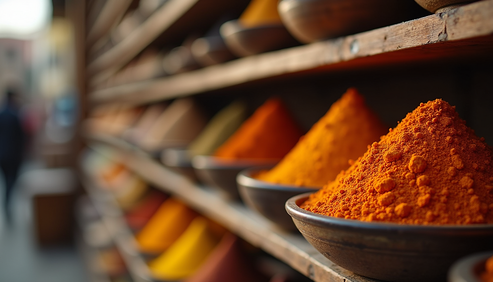 Eye-level view of a traditional Indian spice rack filled with various spices