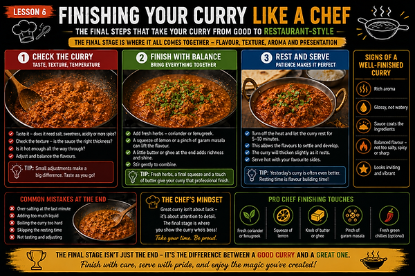 "Restaurant style curry finishing techniques showing sauce reduction, flavour development, texture control and final BIR curry cooking stages"