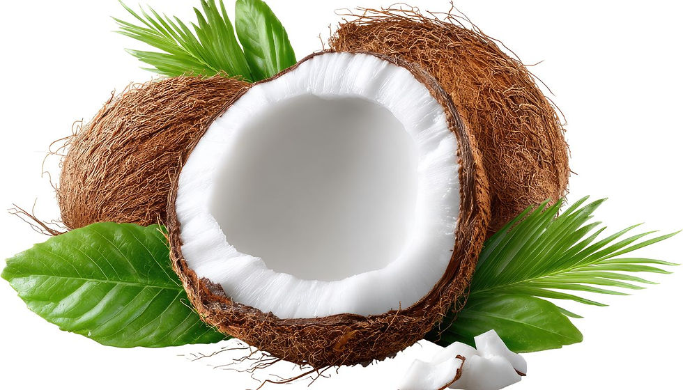 A halved coconut with white flesh and brown shell is surrounded by green leaves on a bright background, conveying a tropical feel.
