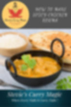Black bowl with spicy chicken korma garnished with cilantro, rice in a wooden bowl, naan. "Stevie’s Curry Magic" and "How to Make Spicy Chicken Korma" text present.