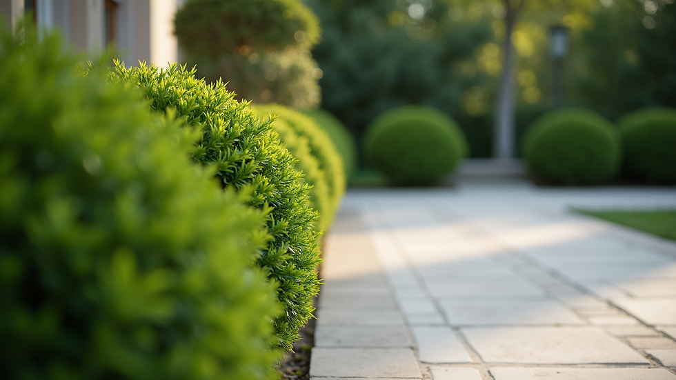 Close-up view of a garden with trimmed bushes and clean patio