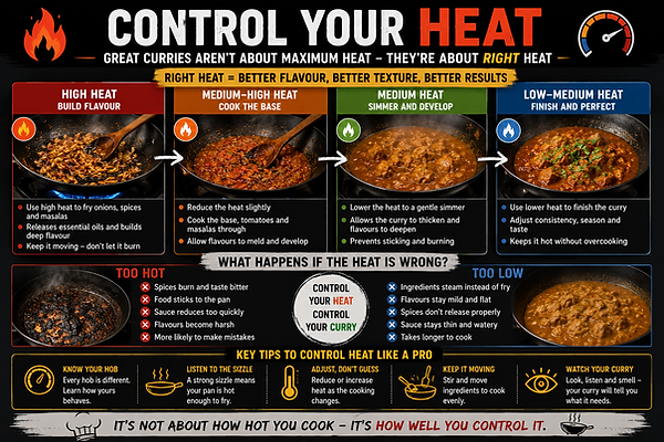 "Chef controlling pan temperature while cooking restaurant style curry"
