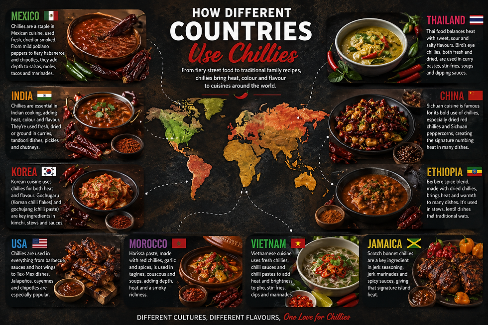 Infographic titled How Different Countries Use Chillies, with world map and bowls showing chilli dishes from Mexico, India, Thailand and more.