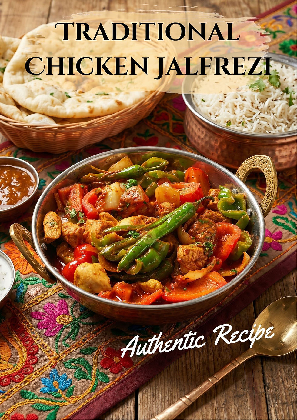 Chicken jalfrezi with rice, naan and curry on a colorful cloth, with text Traditional Chicken Jalfrezi and Authentic Recipe