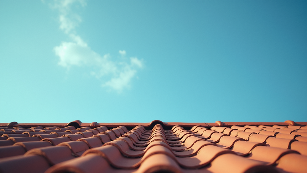 Eye-level view of a tiled roof with clear blue sky