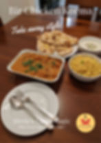 Takeaway Chicken Korma on wooden table: chicken korma, naan, rice, and yogurt. Text: Bir Chicken Korma, Take away style, Stevie’s Curry Magic.