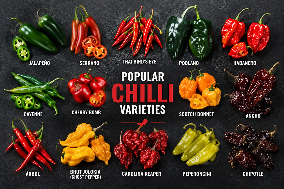 Infographic of colorful chili peppers labeled jalapeño, serrano, habanero, poblano, cayenne and more on a dark background.