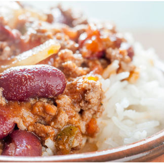 "Chilli Con-Carne with white fluffy rice"