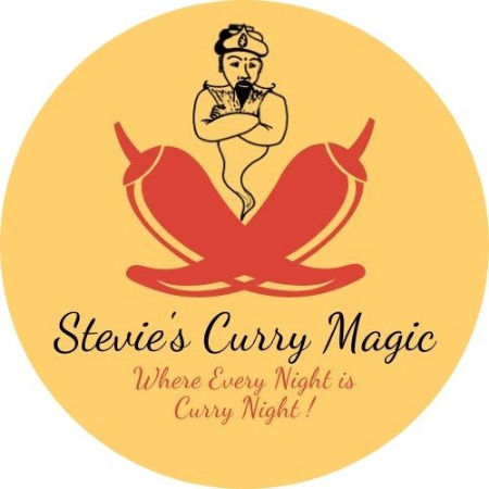 Genie above two red chili peppers on a yellow circle. Text: Stevie's Curry Magic; Where Every Night is Curry Night!
