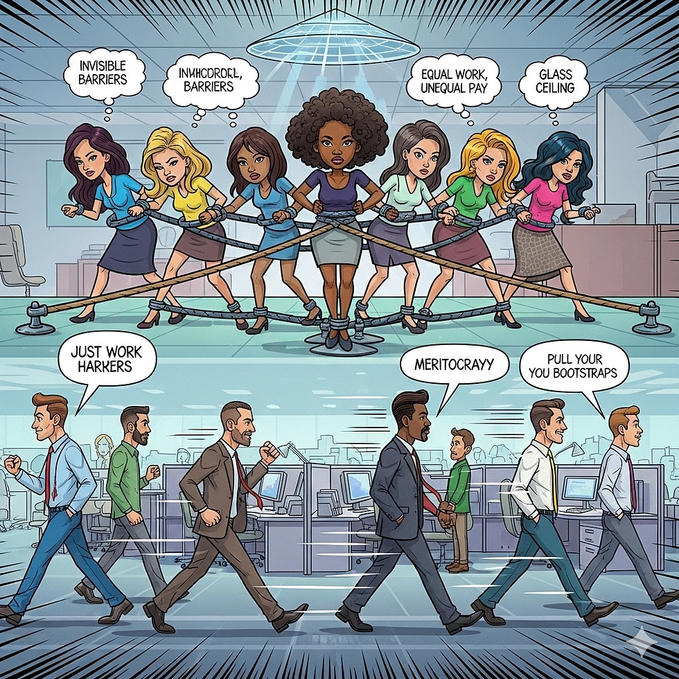 Women in ropes struggle above, men walk freely below. Speech bubbles read "Invisible Barriers," "Meritocrazy," and more. Office setting.