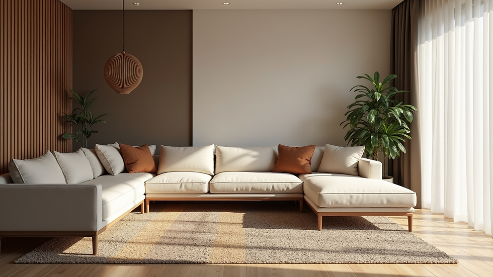High angle view of a living room with an accent wall and layered rugs