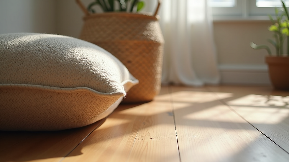 Close-up view of a textured cushion and woven basket on a wooden floor