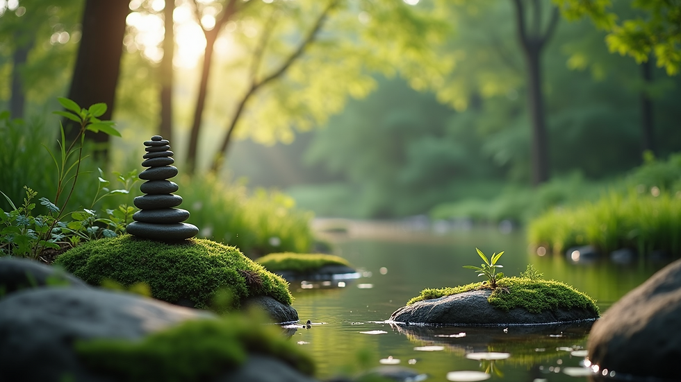 Eye-level view of a peaceful meditation garden with greenery