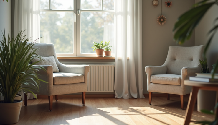 Eye-level view of a psychiatrist's office with a comfortable chair and calming decor