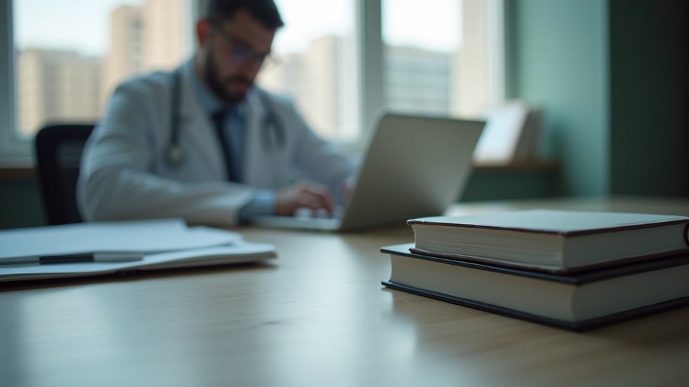 Close-up view of a psychiatrist’s office with medical books and a laptop