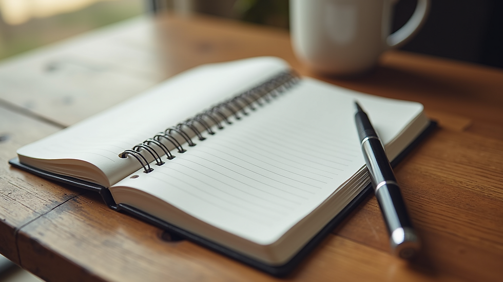 High angle view of a journal and pen on a wooden table for stress management planning