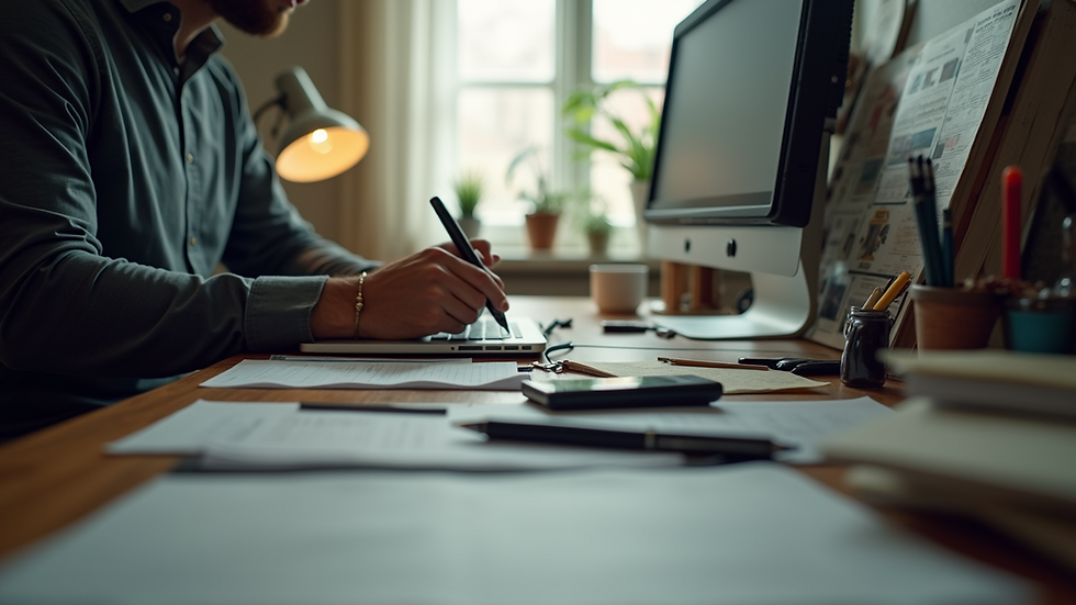 Close-up view of a cluttered desk with a stressed person's workspace