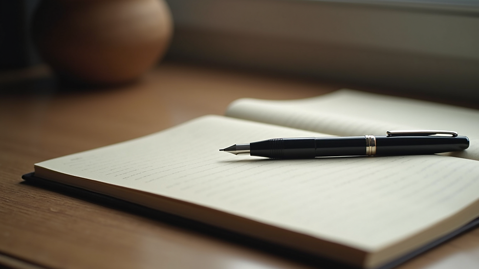 Close-up view of a journal and pen on a wooden desk