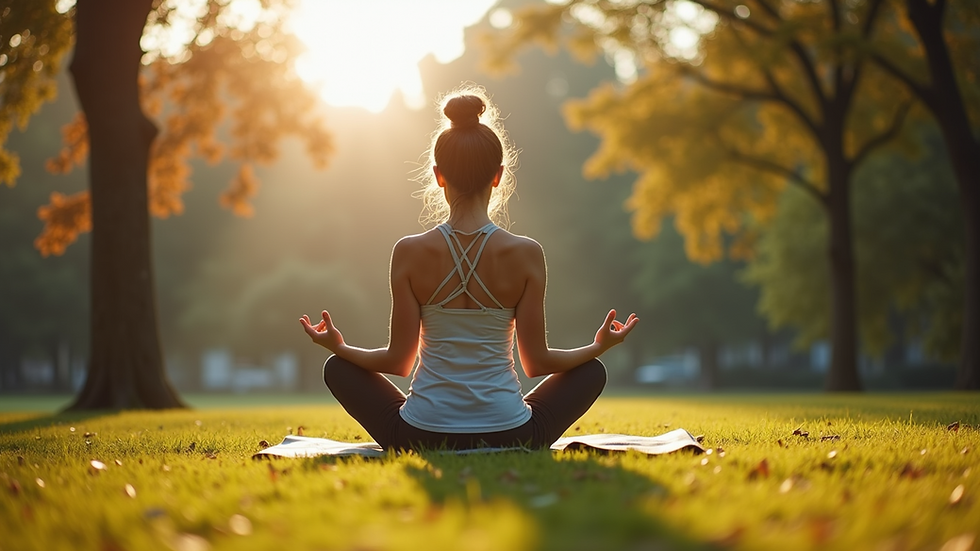 Eye-level view of a person practicing yoga outdoors in a park