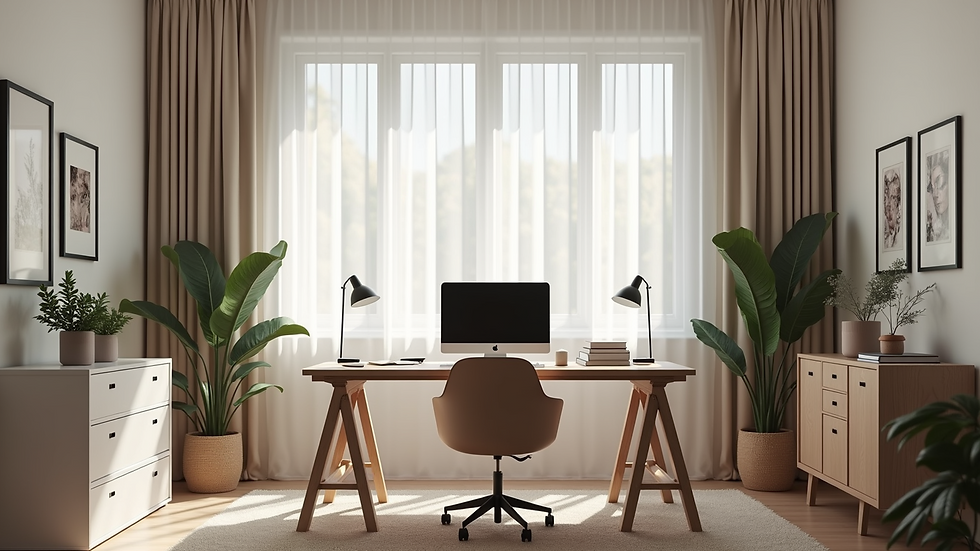 Eye-level view of a calm and organized home office space