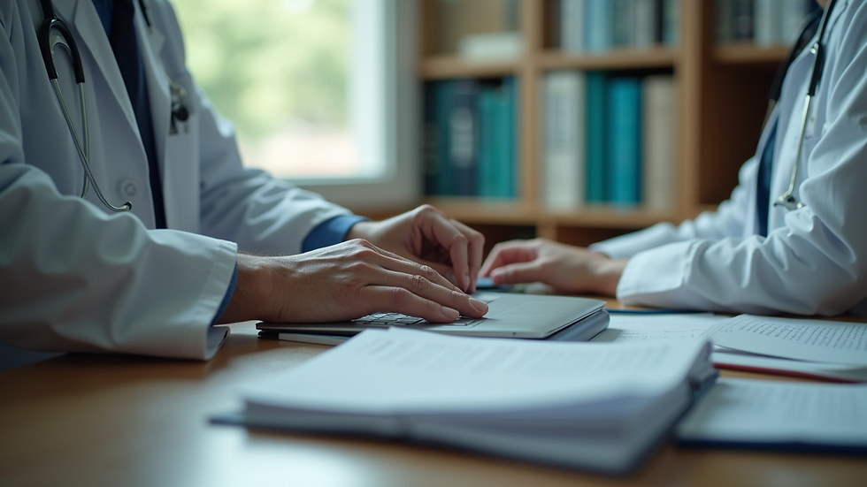 Close-up view of a psychiatrist’s office with medical books and a laptop