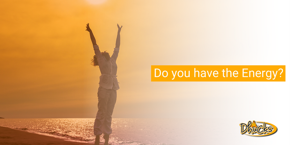 Do you have the energy? Woman on beach jumping up as background image
