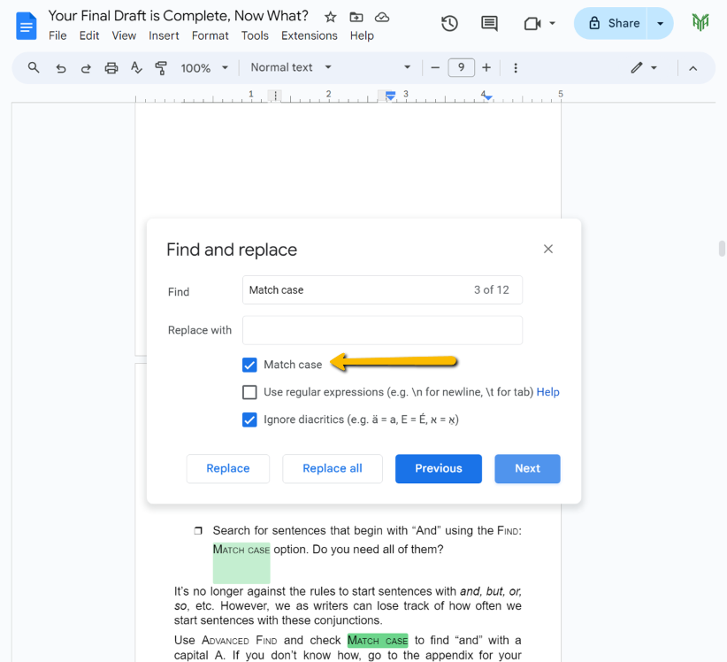Match Case in Google Docs | Boost Your Book Writing Productivity | Your First Draft is Complete, Now What?