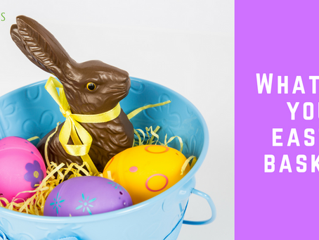 chocolate Easter bunny with three eggs in an basket - What's in your Easter basket?