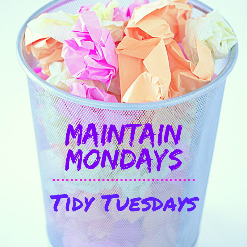 trash can with brigh colored paper has manic Mondays and tidy Tuesdays labels