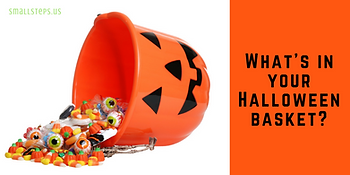 Halloween jack-o-lantern basket with candies spilling out - What's in your Halloween basket?