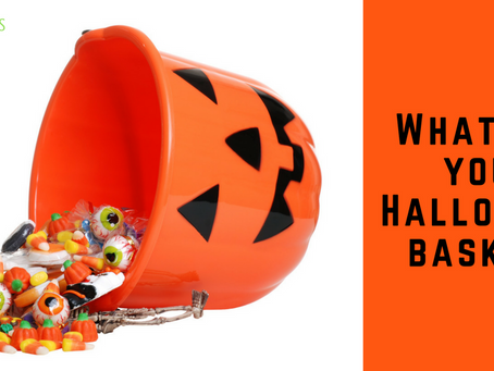 Halloween jack-o-lantern basket with candies spilling out - What's in your Halloween basket?