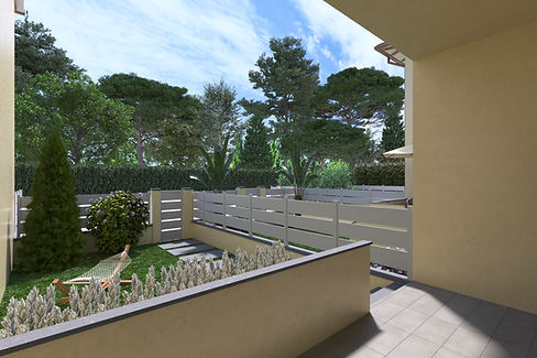 Render giardino di uno del 10 appartamenti di Villa Castiglioni. complesso abitativo interamente ristrutturato a Montorsoli, Firenze.