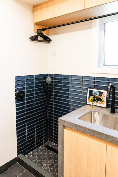 Elevated dog wash station in a Thornhill laundry room featuring white subway tile and a matte black handheld sprayer.