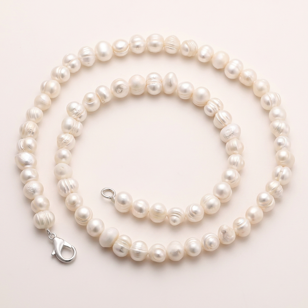 Elara Pearl Necklace coiled on a light surface