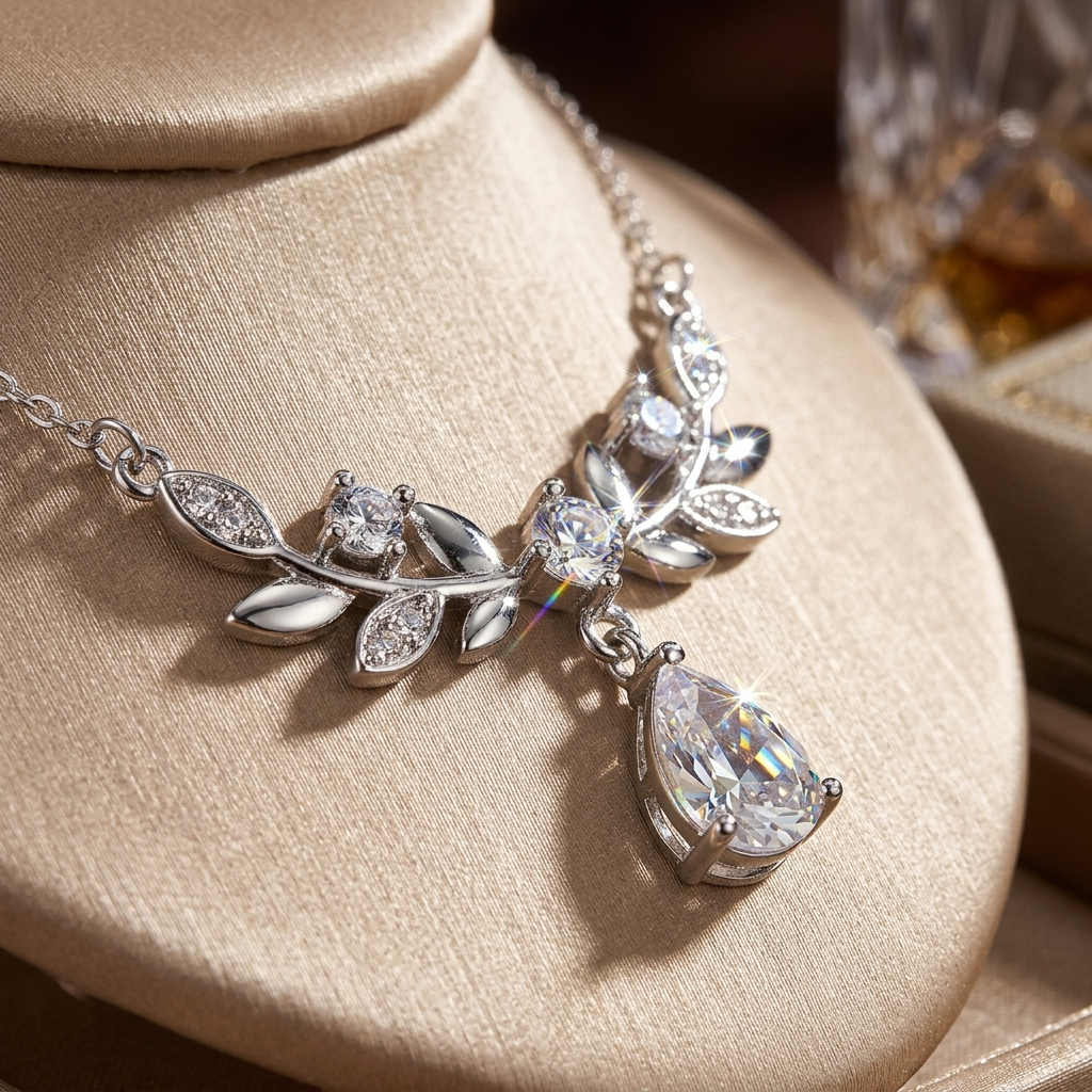Elara Leaf Pendant Necklace on a jewelry display bust.