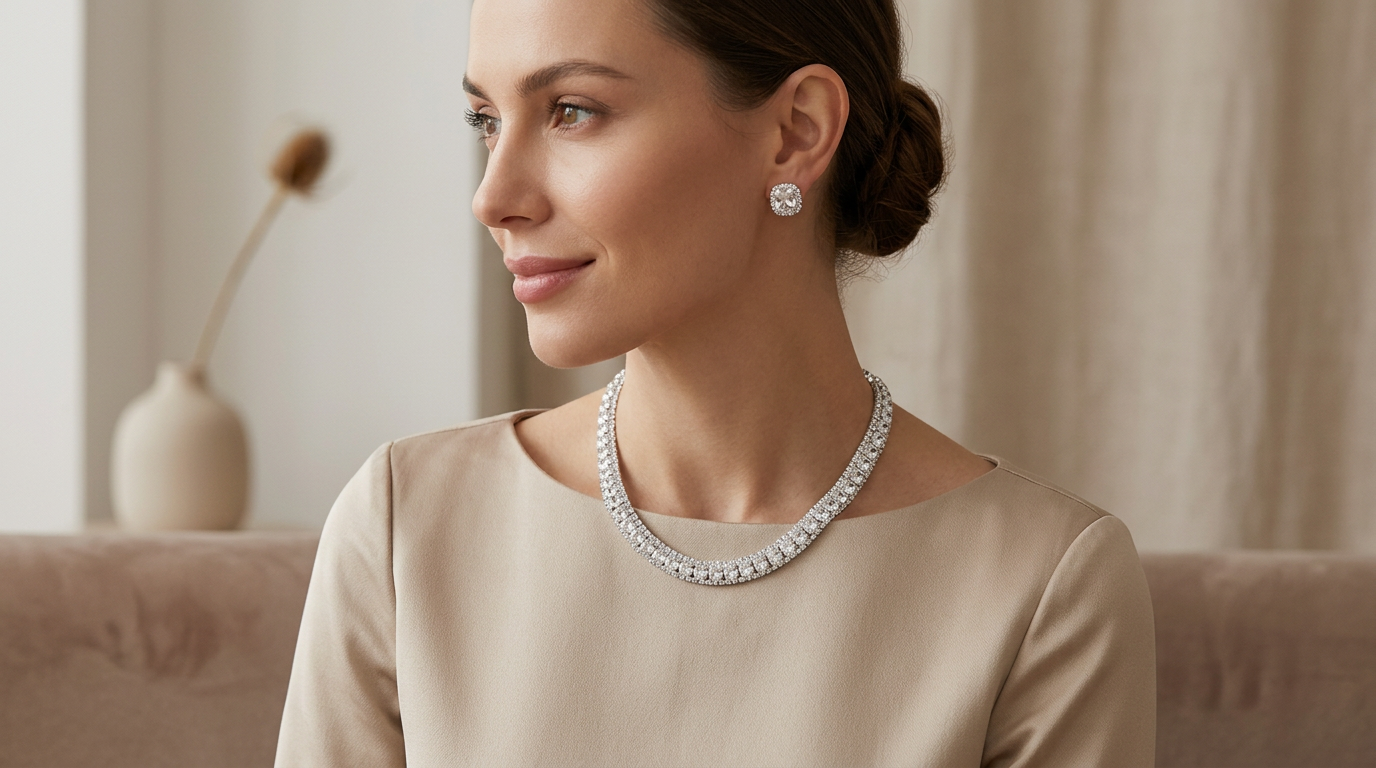 Woman wearing Celeste Crystal Necklace & Earring Set