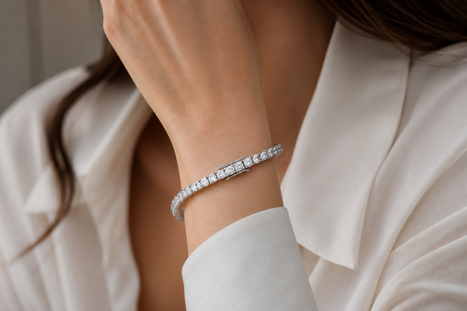 Aurelia Crystal Line Bracelet on a woman's wrist.