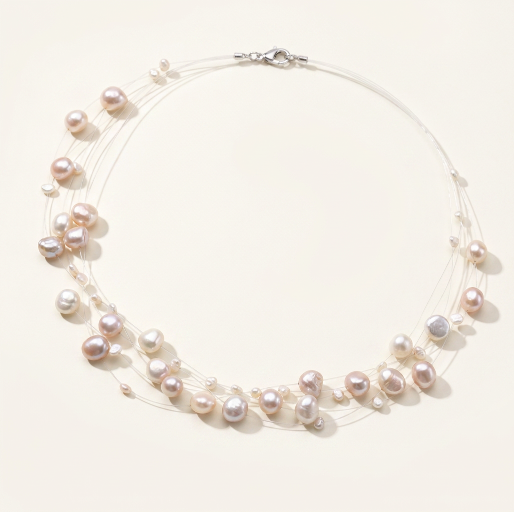 Celeste Pearl Layered Choker with floating pink pearls