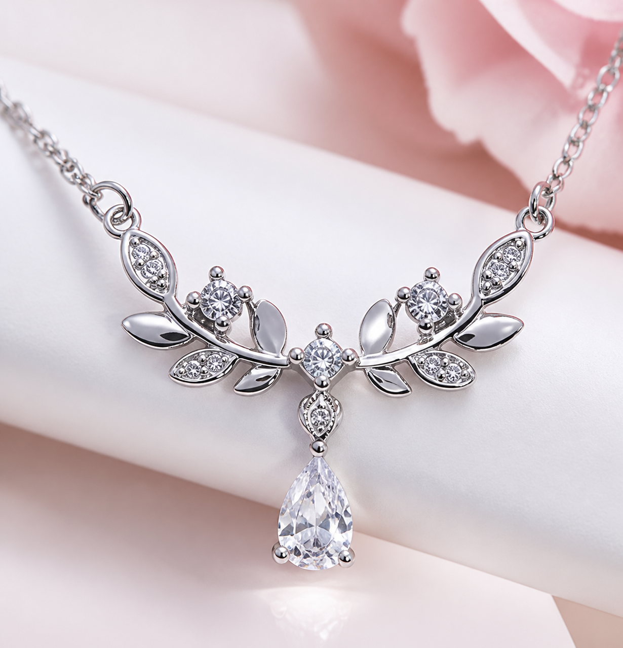 Silver Elara Leaf Pendant Necklace with crystal teardrop