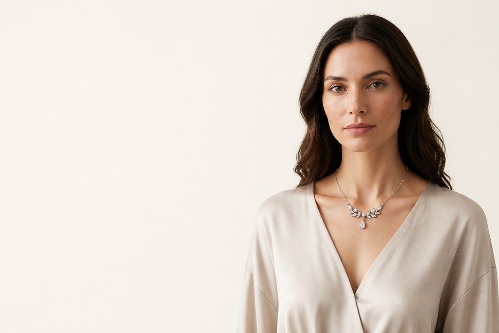 Woman wearing minimalist women's jewellery necklace.