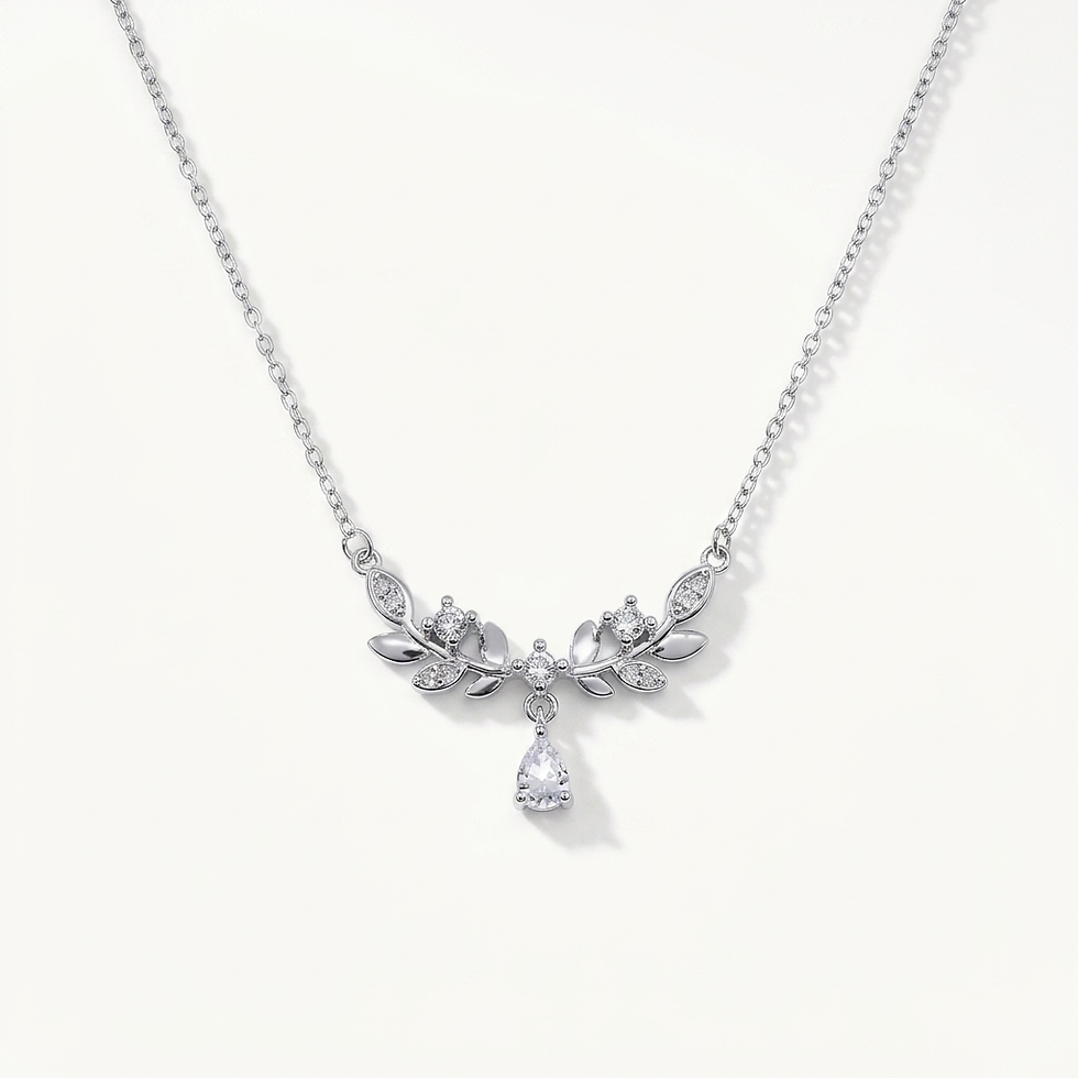 Silver Elara Leaf Pendant Necklace with crystal teardrop