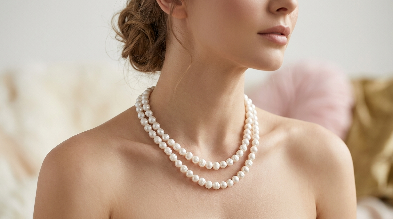 Woman wearing the double-strand Elara Pearl Necklace.