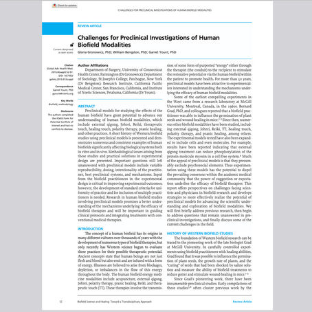 Challenges for Preclinical Investigations of Human Biofield Modalities