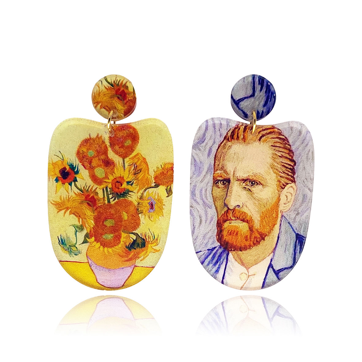 Σκουλαρίκια "Sunflowers" εμπνευσμένα από το διάσημο πίνακα του Vincent van Gogh. Εκτύπωση υψηλής ανάλυσης σε πλέξιγκλας.