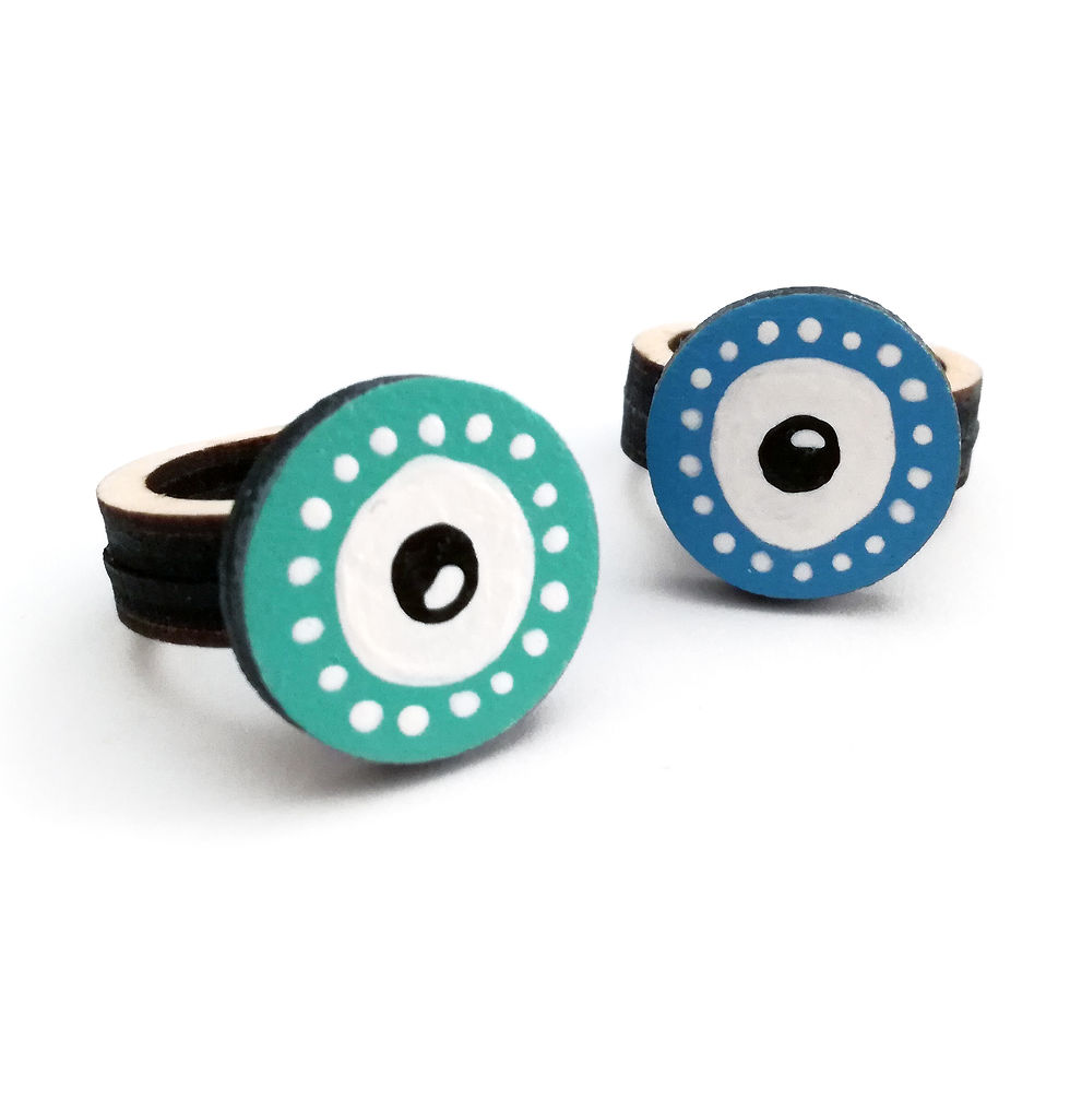 Δαχτυλίδι "Μάτι" από ξύλο σε φυσικό χρώμα, ζωγραφισμένο με ακρυλικά χρώματα, μπλε και τιρκουάζ.