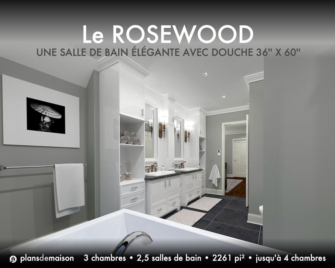 Salle de bain du plan de maison farmhouse Rosewood avec douche et baignoire
