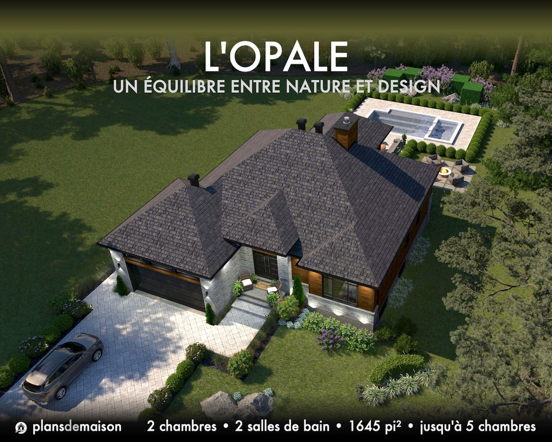 Vue drone du plan de maison Opale avec garage double, façade contemporaine, aménagement paysager, cour arrière et piscine, maison moderne de 1645 pi².