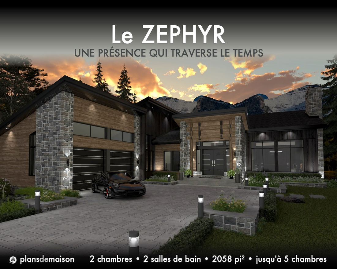 Vue de la façade du plan de maison Zephyr au crépuscule mettant en valeur l'entrée principale, le garage double et l'architecture contemporaine haut de gamme.